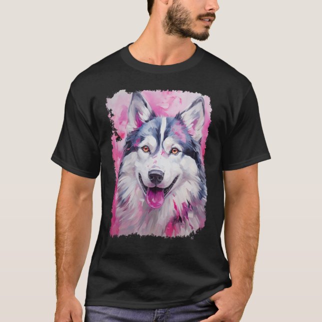 T-shirt Husky Drôle Chien Rose (Devant)