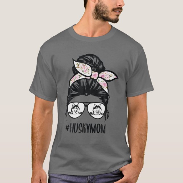 T-shirt Husky Maman Messy Bun Lunettes de cheveux, Huskies (Devant)