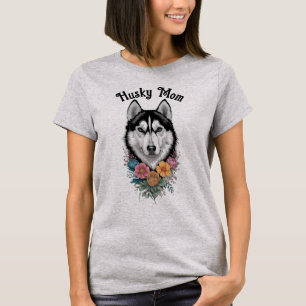T-shirt Husky Maman Typographie & Fleurs, Amoureux des chi