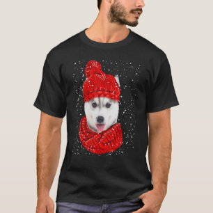 T-shirt Husky Red Winter Casquette Christmas Scarf Chien