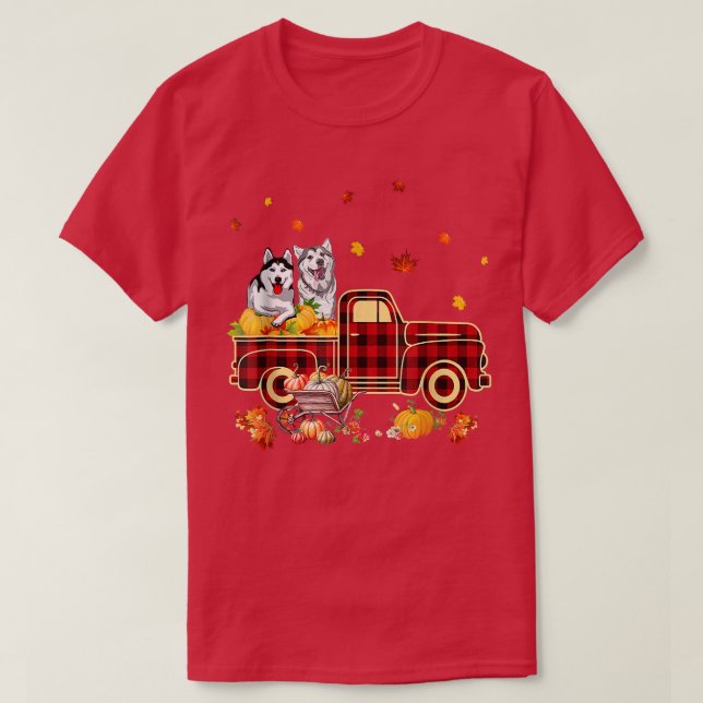 T-shirt Husky Riding Camion Citrouille Automne Feuilles au (Design devant)