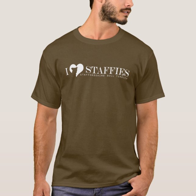 T-shirt i coeur Staffies - logo blanc avec le nom de race (Devant)