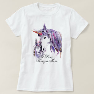 T-shirt I Love Being a Mom Purple Unicorns Maman and Baby