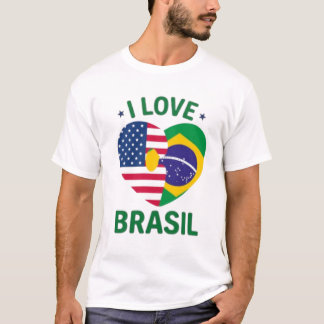 T-shirt I Love Brasil USA Flag Heart Puzzle Brazilian Amer