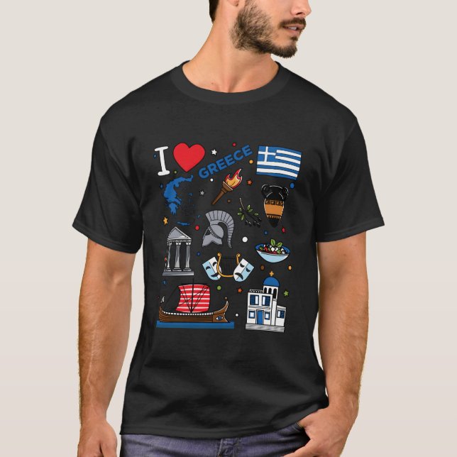 T-shirt I Love Greece Hand Drawn Greek Landmarks Flag And  (Devant)