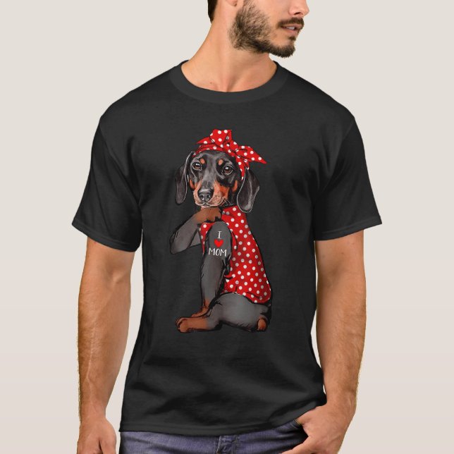 T-shirt I Love Mom Tattoo Funny Dachshund Dog Wearing band (Devant)