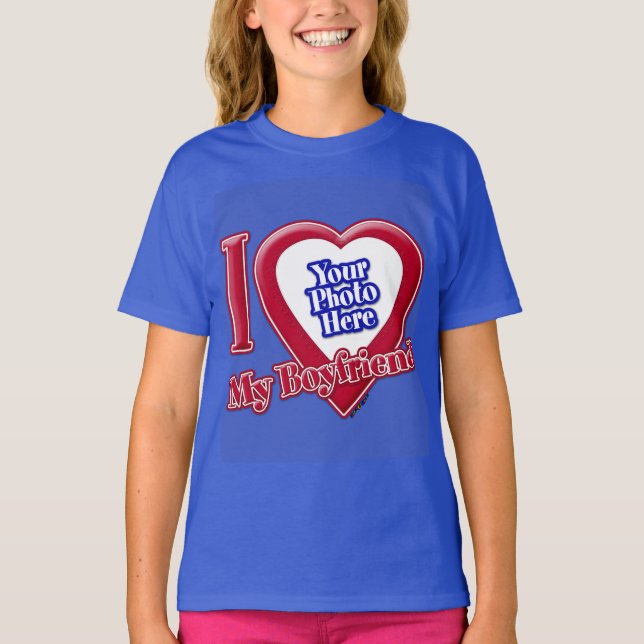T-shirt I Love My Boyfriend Photo Red Heart D R Blue (Devant)