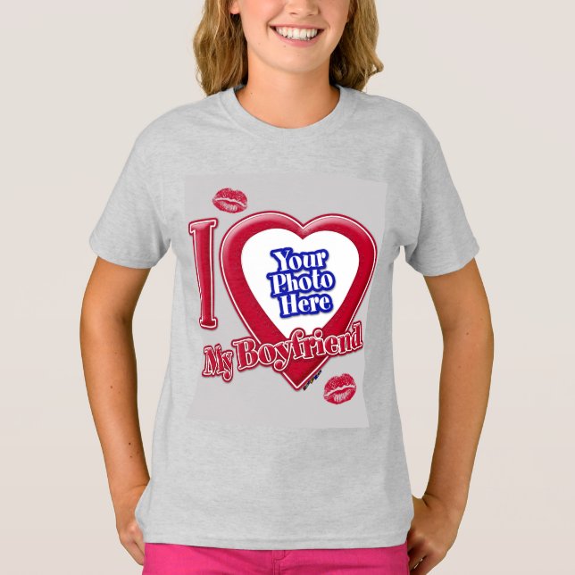T-shirt I Love My Boyfriend Photo Red Heart Kiss Grey (Devant)