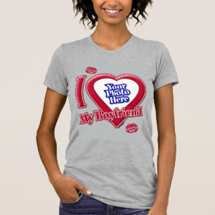 T-shirt I Love My Boyfriend Photo Red Heart Kiss Grey