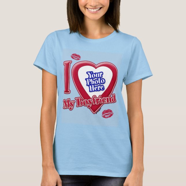 T-shirt I Love My Boyfriend Photo Red Heart Kiss Light Blu (Devant)