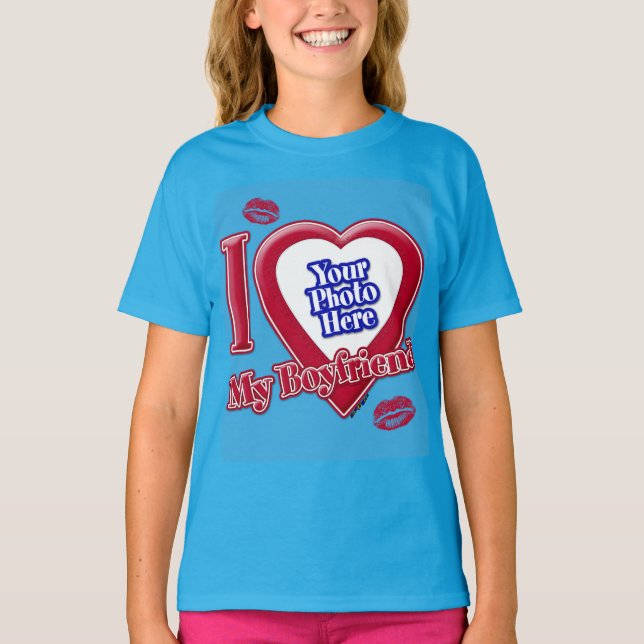 T-shirt I Love My Boyfriend Photo Red Heart Kiss Turquoise (Devant)