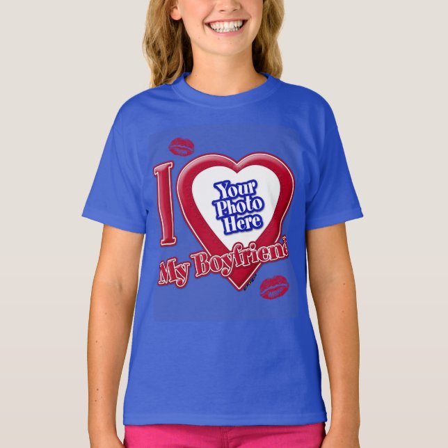 T-shirt I Love My Boyfriend Photo Red Heart Lips D R Blue (Devant)