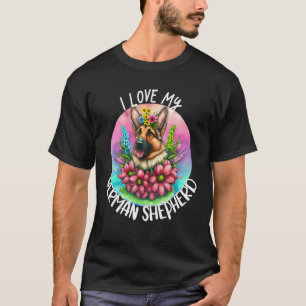 T-shirt I Love My German Shepherd Chien Maman Fleurs Puppy