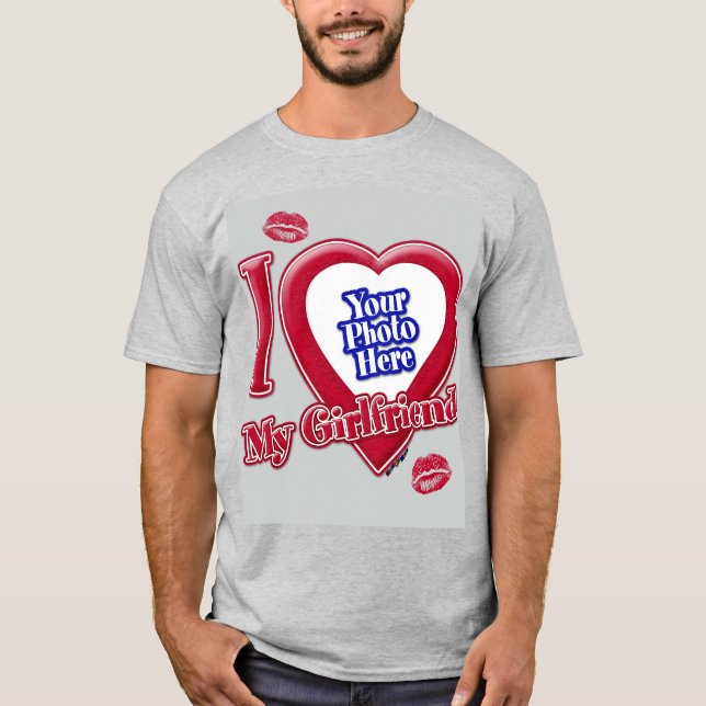 T-shirt I Love My Girlfriend Photo Red Heart Kiss Grey (Devant)
