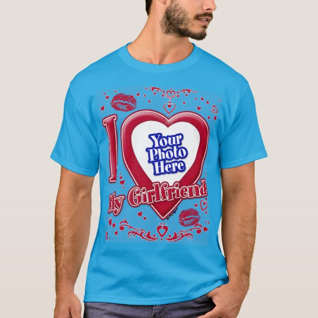 T-shirt I Love My Girlfriend Photo Red Hearts Turquoise (Devant)