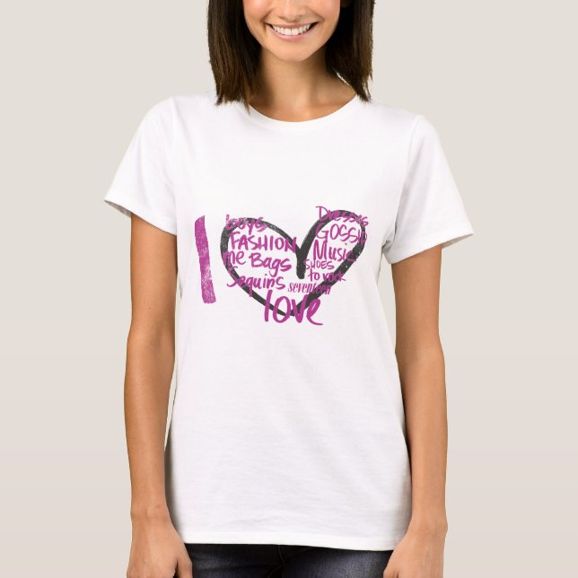 T-shirt I pourpre de graffiti de coeur (Devant)