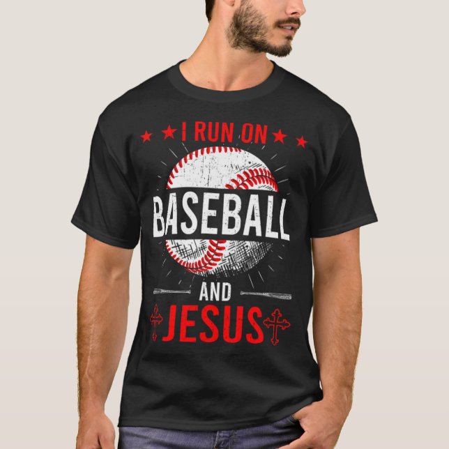 T-shirt I Run on Baseball et Jesus Baseball Lover baseball (Devant)