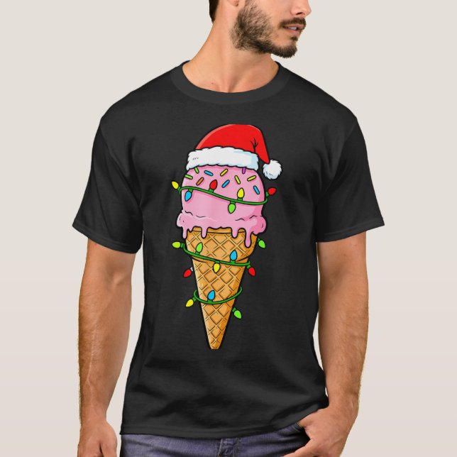 T-shirt Ice Cream Cone Christmas Lights Santa Hat Food Xma (Devant)