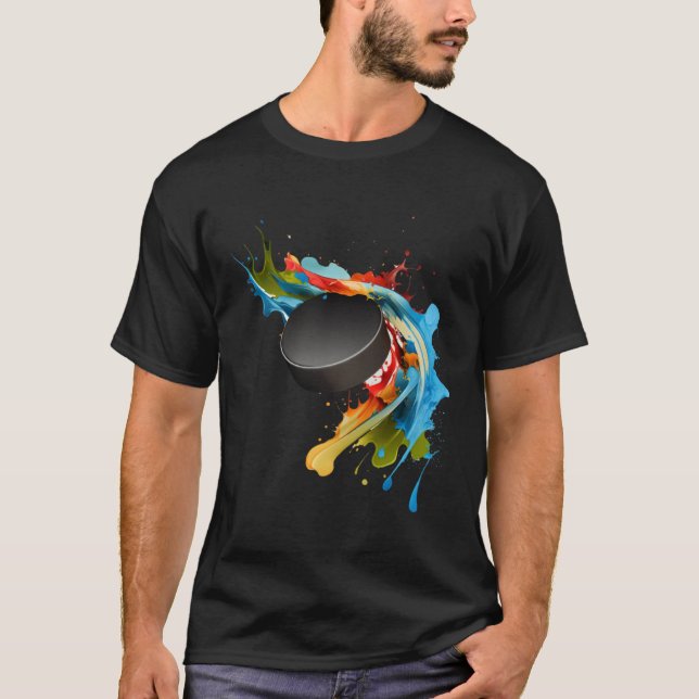 T-shirt Ice Hockey Player Puck Abstract Splash Painting (Devant)