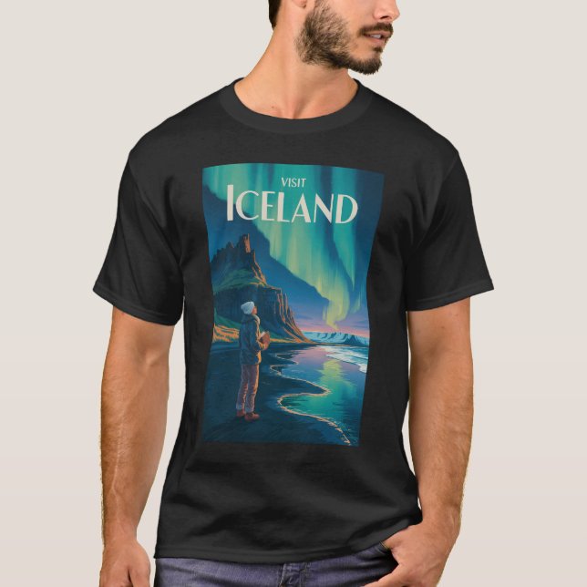 T-shirt Iceland Northern Lights Illustration Travel Art Vi (Devant)