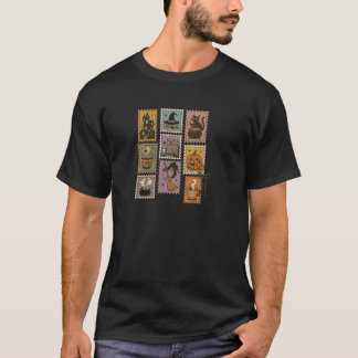 T-shirt Icônes de timbre rétro Halloween Sorcière Chat Cit