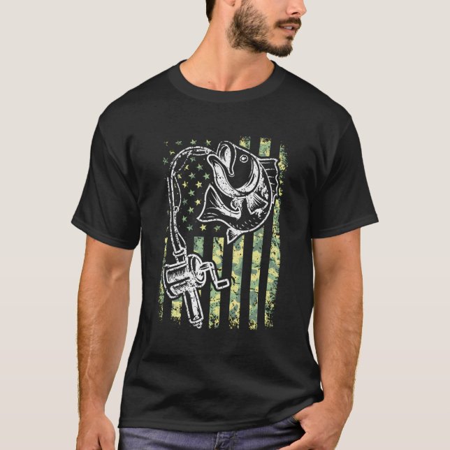 T-shirt Idée cadeau de chemise de pêche Camo drapeau améri (Devant)