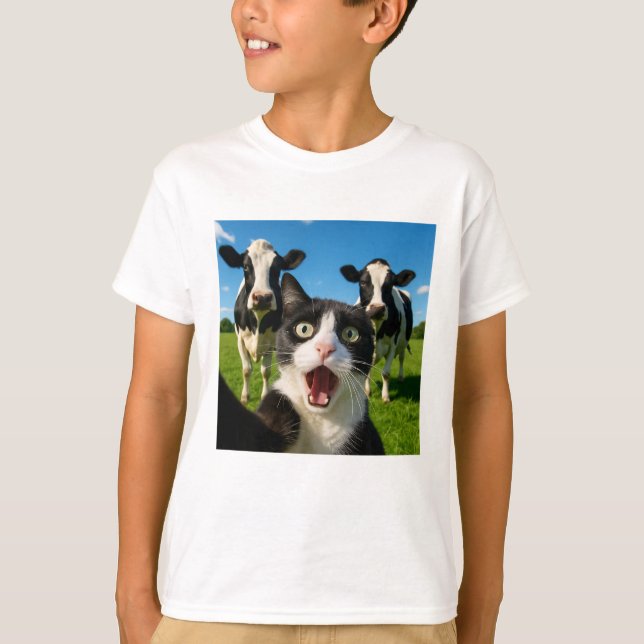 T-shirt Idée cadeau de selfie de vache et chat mignon (Devant)