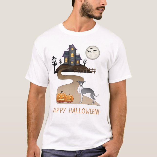 T-shirt Iggy Bleu Et Blanc Et Halloween Maison Hantée (Devant)