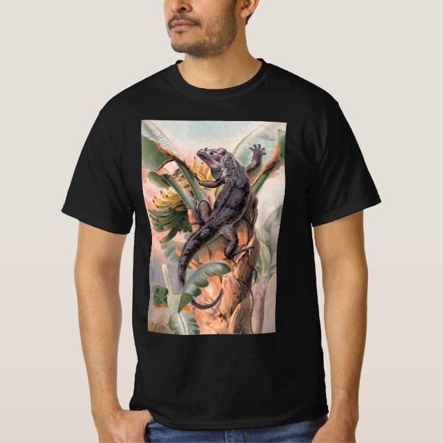 T-shirt Iguane noir tropical, animal reptile sauvage vinta (Devant)