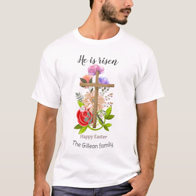 T-shirt Il est ressuscité, bois fleuri Famille de Pâques,  (Devant)