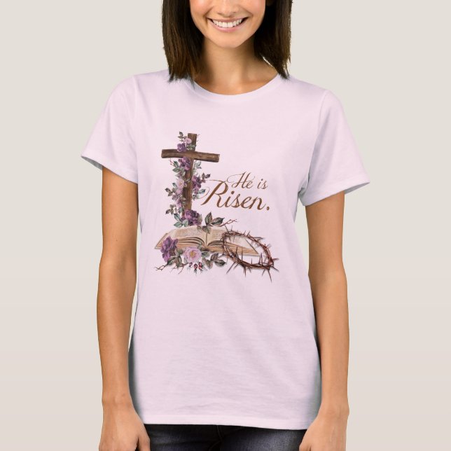T-shirt Il est ressuscité Croix florale avec la Bible (Devant)