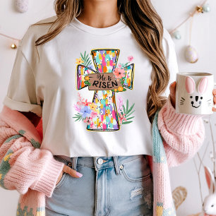 T-shirt Il est ressuscité Pâques Floral Cross Tee; Pâques