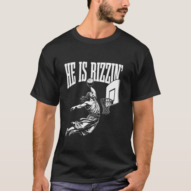 T-shirt Il Est Rizzin Funny Jésus Basketball Mème Long Sle (Devant)
