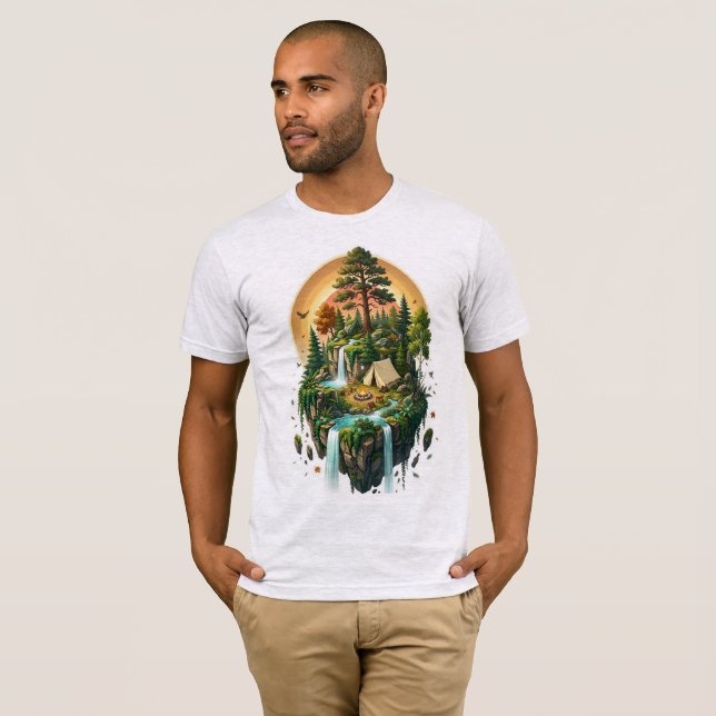 T-Shirt Île Flottante Camping Cascade Forêt (Devant entier)