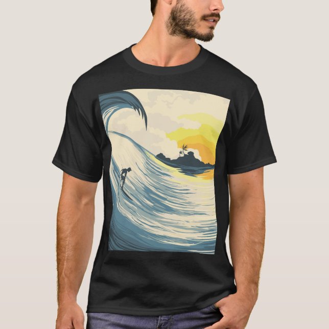 T-shirt Île tropicale, vague, coucher de soleil de surfer. (Devant)