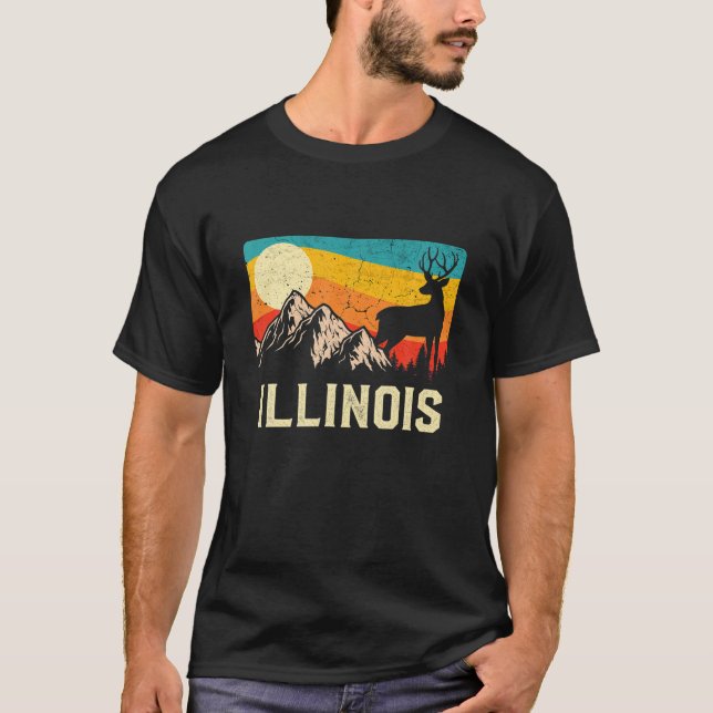 T-shirt Illinois Nature Wild Deer Retro Sunset Hiking (Devant)