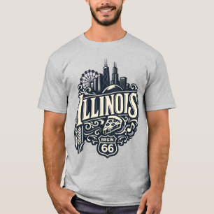 T-shirt Illinois vintage, Skyline de Chicago et Route 66