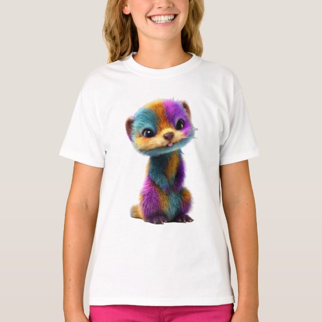 T-shirt Illustration de belette à fourrure arc-en-ciel col (Devant)