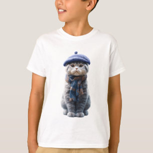 T-shirt Illustration de chat avec béret et écharpe à carre