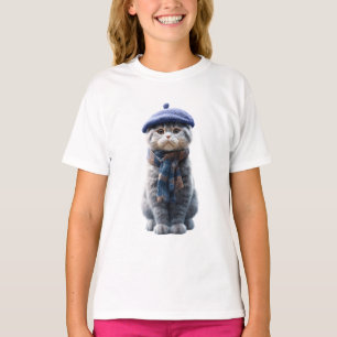 T-shirt Illustration de chat avec un béret et une écharpe