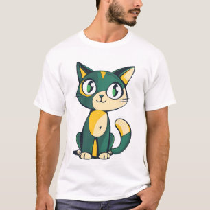T-shirt Illustration de chat de dessin animé vert et jaune
