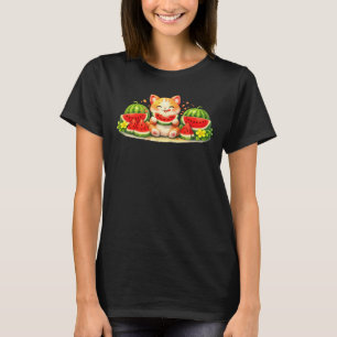 T-shirt Illustration de chat mignon Kawaii mangeant de la