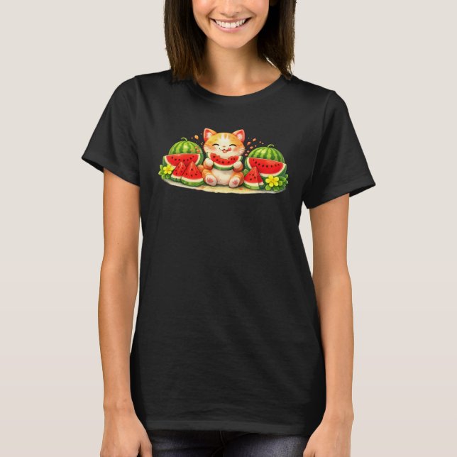 T-shirt Illustration de chat mignon Kawaii mangeant de la  (Devant)