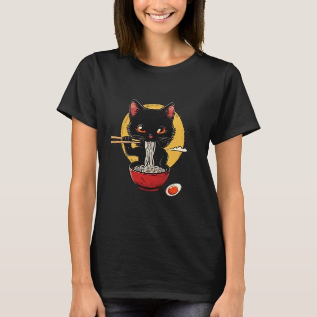 T-shirt Illustration de chat mignon mangeant des ramen (Devant)