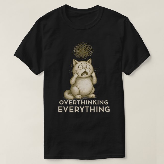 T-shirt Illustration de chat pensif avec surpensée minimal (Design devant)