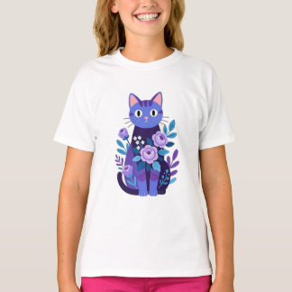 T-shirt Illustration de chat pourpre floral et roses