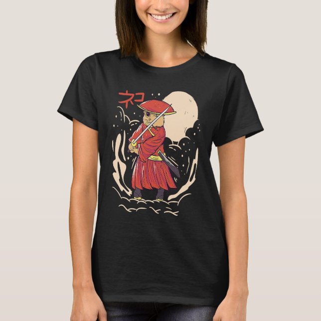 T-shirt Illustration de chat Samurai Graphisme japonais mi (Devant)