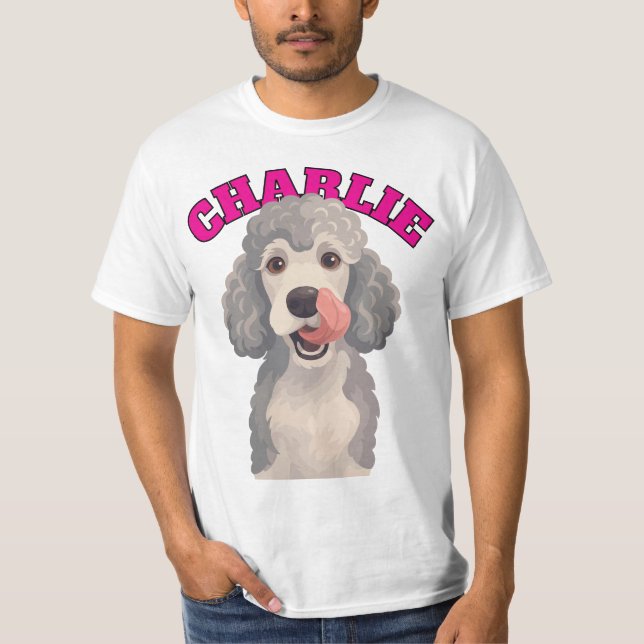 T-shirt Illustration de chien caniche gris bouclé se lécha (Devant)