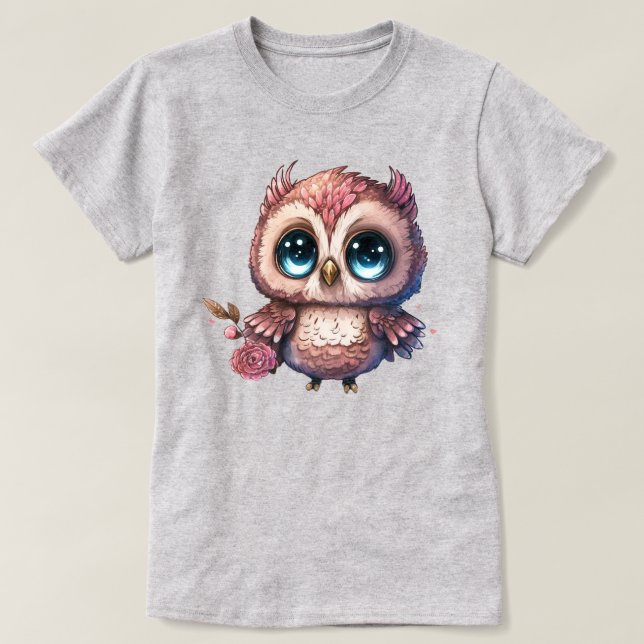 T-shirt Illustration de chouette rose avec fleur  (Design devant)