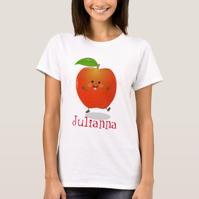 T-shirt Illustration de dessin animé de pomme rouge heureu (Devant)